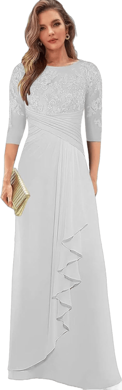 Lace Long Mother of The Bride Dresses for Women Chiffon Formal Dress Ruffles Evening Gown with Sleeves White 10