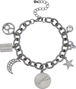 Madison Tyler Personalization Collection Gold Plated Zodiac Constellation Symbol | Name Plate | Moon | Constellation | Star | Stone Charms | Chain Bracelet for Women Hematite Taurus
