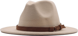 FIN86 Mens Womens Hats and caps,Classic Wide Floppy Panama Hat Belt Buckle Wool Fedora Hat, Beige, One Size