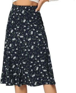 INSPIRE CHIC Women's Print Floral Peasant Elastic Waist A-Line Midi Skirts Blue White X-Large