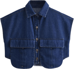 Womens Cropped Jean Jacket Cap Sleeve Botton Down Denim Tops Casual Lapel Collar Shirts With Pockets Large Deep Blue