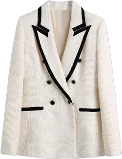 Women Double Breasted Tweed Blazer Coat Vintage Long Sleeve Pockets Outerwear Jacket Large Creamy-white