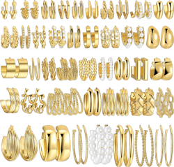 42 Pairs Gold Hoop Earrings Set for Women, Fashion Chunky Pearl Earrings Multipack Twisted Statement Earring Pack, Hypoallergenic Small Big Hoops Earrings for Birthday Party