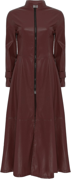 Women's Faux Leather Trench Coat Mock Neck Long Sleeve Full Zip Dress Coat Maxi Jacket Outwear Medium Burgundy