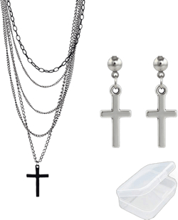 Multilayer Gothic Retro 80s Black Long Chain Fashion Cross Necklace and Stainless Steel Dangling Cross Earrings for Men Women-with Storage Box