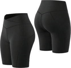 Matte Black Cross Waist Women Yoga Pants, Breathable Lifting Fitness Shorts For Gym Outdoor Sports, Leggings With Pockets, High Waist Elastic Tight Pants, Cycling Running Compression Shorts