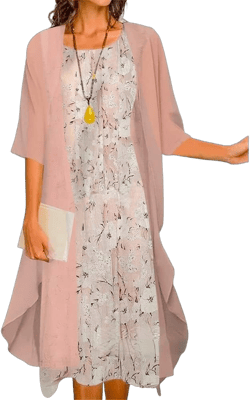 Two-Piece Set Maxi Dress for Womens Flowy Chiffon Cardigan Wedding Guest Floral Print Midi Dresses with Lace Jacket, 3X-Large, Light Pink