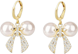 Bow Pearl Hoop Earrings for Women Gold Plated Dainty Bow Knot Ribbon Pearls Ball Chic Crystal Rhinestone Small Dangle Drop Earrings for Valentines Day Birthday Holiday Jewelry Gifts