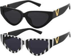 Fashion Cat Eye Sunglasses for Women 90s Retro Trendy Y2K Aesthetic Vintage Small Black Shades 2 Pack A2 Black/Grey+striped/Grey 53 Millimeters