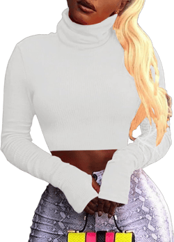 Artfish Women Long Sleeve Turtleneck Crop Tops Neon Ribbed Half Tight Cropped Sweaters Pullovers White X-Large