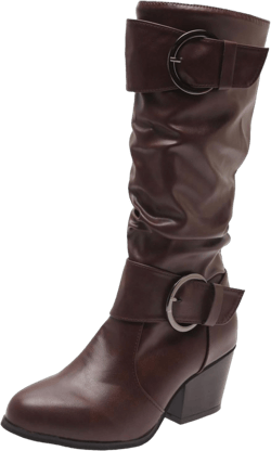 Women's Leather Knee-High Boots Pointed Toe Chunky Block Heel Riding Boot Warm Winter High Boots with Belt Buckles Brown 10