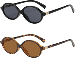Retro Oval Sunglasses for Women Men Small Round Sunnies 90s Vintage Style Two Pack (Black/Grey+leopard/Brown） Black/Grey+Leopard/Brown