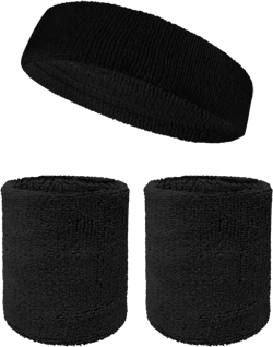Couver Unisex Terry Cloth Sweatbands (Headband/Wristband Set) Moisture Wicking Sweat Absorbing Head Band Black