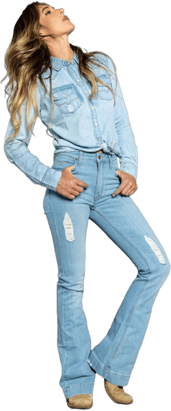 Kimes Ranch Women's Sugar Fade Casual Western Ultra-High Rise Wide Flare Distressed Blue Washed Denim Jeans 10-36 Blue