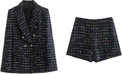 Women Vintage Notched Collar Colorful Ribbon Plaid Tweed Woolen Blazer Chic Suits Tops Medium Xx Set982