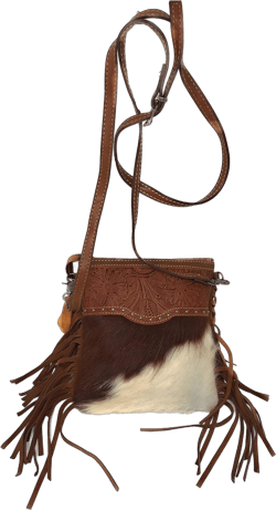 Western Genuine Tooled Leather Cowhide Fur Fringe Womens Crossbody Bag in 3 Colors