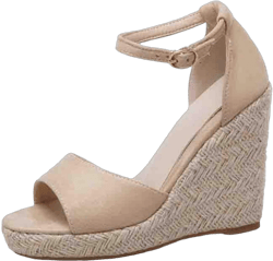 MIOKE Women's Espadrille Wedge Sandals Open Toe Buckle Ankle Strap Chunky High Heel Platform Dress Sandal 4.5 Beige