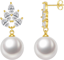 DAILY VIBES 14K Gold Freshwater Pearl Drop Earrings Dangle Dainty Long White Cultured Baroque Pearl Earrings for Women Statement Stud Ball Chain Tassel Jewelry for Bridal Wedding Gold Leaf Ball Pearl