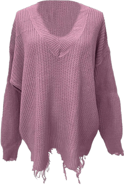 Sexyshine Women's Loose Long Sleeve V-Neck Sweaters Ripped Tassel Solid Knitted Pullover Jumper Baggy Crop Top 3X-Large Light Purple