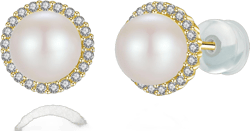 925 Sterling Silver Pearl Earrings for Women, AAAA+ Freshwater Cultured Pearl Stud Earrings, Jewelry Gifts for Birthday Wedding Halo Golden