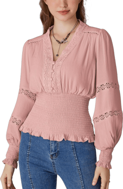 Women Vintage Blosue Crochet Lace V Neck Tops Renaissance Peasant Blouse Light Pink S