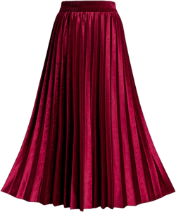TONCHENGSD Women's High Elastic Waist Velvet Midi Long Pleated Swing Ruffled Skirt XX-Large Wine Red