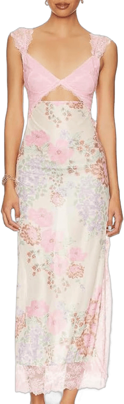 Women's Y2k Floral Printed Lace Backless Bodycon Maxi Dress Sleeveless Patchwork Dress Spaghetti Strap Long Dress Medium Pink