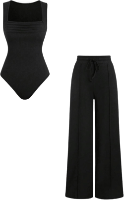 MakeMeChic Women's 2 Piece Lounge Sets Ruched Square Neck Tank Bodysuit and Pants Set Casual Outfits Large Black