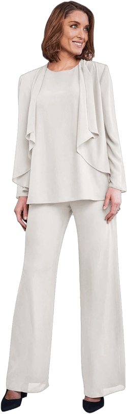 3 Pieces Mother of The Bride Pant Suits for Women Dressy Long Sleeve Chiffon Wedding Guest Outfit with Jacket 22 Plus Ivory