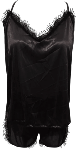 AIEOTT Women's 2 Pieces V-Neck Sexy Printed Satin Silk Pajamas Sets Camisole Pajamas Lace Shorts Set Sleepwear Nightwear on Clearance Black,XL