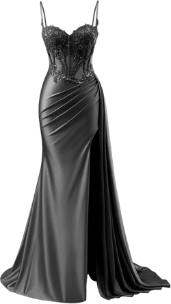 Women's Mermaid Satin Long Prom Dress Spaghetti Straps Lace Applique Formal Evening Gowns with Slit F187 16 Plus Black