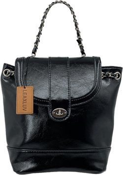 Mini Backpack Handbag for Women, Fashionable Vegan Leather Shoulder Bag with Metallic Chain Strap Drawstring Black