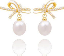 925 Sterling Silver Freshwater Real Pearl Drop Dangle Earrings Quality Pearl Hoop Earrings for Women Bow
