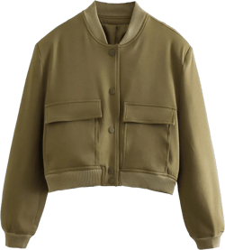 Women's Cropped Bomber Jacket Long Sleeve Lightweight Casual Button Down Baseball Varsity Jacket with Pockets Small Oliver Green