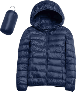 Womens Casual Lightweight Hooded Down Jacket Packable Solid Color Puffer Coats Jacket with Storage Bag Medium Navy