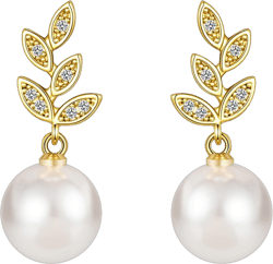 Gold Pearl Earrings for Women 14K Real Gold Plated Pearl Drop Earrings Dainty Cubic Zirconia Gold Earrings for Women Wedding Bridal Bridesmaid Gold Pearl & Leaf