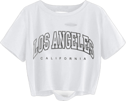 Avanova Women Los Angeles Graphic Distressed Oversized Crop Top Short Sleeve Ripped Boxy Loose Tee Shirt Medium White