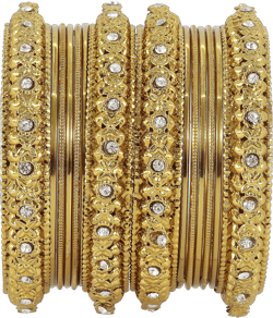 NMII Non-Precious Metal Studded with Zircon Gemstone and Flower Pattern with Curved Shaped or Plain Glossy Finished Bangle Set For Women and Girls Golden 2.4 Inches