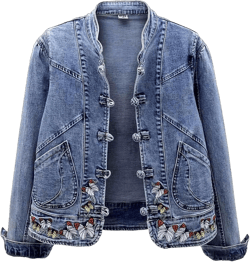 Butterfly Embroidery Denim Jacket for Women Long Sleeve Botton Up Coat with Pocket Trendy Fitted Fall Plain Autumn Outerwear 3X-Large J89-blue