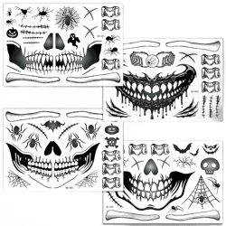 4 Sheets Halloween Face Temporary Tattoos Skeleton Mouth Tattoo Dia De Los Muertos Witch Zombie Spider Web Makeup Kit For Women Men Day of the Dead Makeup Scary Face Tattoos StyleD