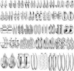 42 Pairs silver Hoop Earrings Set for Women, Fashion Chunky Pearl Earrings Multipack Twisted Statement Earring Pack, Hypoallergenic Small Big Hoops Earrings for Birthday Party (Sliver-42 pairs)