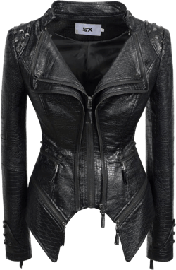 Fashion SX Women's Punk Studded Faux-alligator Print Pattern PU Leather Jackets Zipper Moto Biker Coat