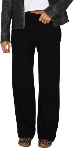 Women's Wide Leg Pants High Waisted Straight Relaxed Fit Cotton Loose Sweatpants with Pockets Lounge Flowy Trousers Black Large