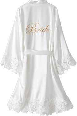 Women's Silky Bride Bridesmaid Robes Satin Kimono Bridal Party Bathrobe With Lace Trim Embroidery Wedding Day Dressing Gown White Bride Robe