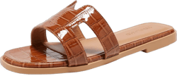TRULAND H Strap Flat Slide Sandals for Women - Cute Fashion Open Square Toe Summer Dressy Sandals 10 Brown Croco