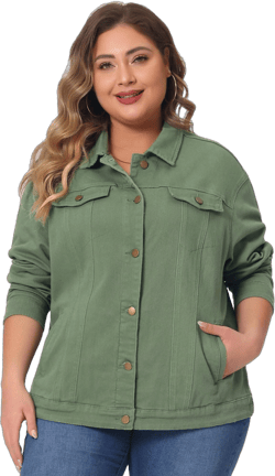 Agnes Orinda Women's Plus Size Button Front Chest Pockets Washed Casual Jean Jackets Green 1X