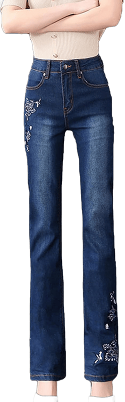 Women's High Waist Floral Embroidered Jeans Slim Fit Straight Leg Stretch Denim Pants Washed Skinny Slimming Jean 33 Dark Blue