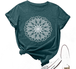Flower Tshirts Shirts for Women Cute Dandelion Tshirt Casual Short Sleeve Wildflower Floral Heart Print Graphic Tee Tops Large Green-mandala
