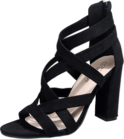 Binmer High Heels Chunky Block Heels for Women Strappy Peep Toe Suede Wedges Sandals Fashion Wedding Dress Shoes 5.5 Black