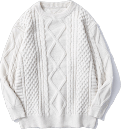 Women Cable Knit Vintage Chunky Sweater Loose Casual Knitted Sweater Unisex Woven Crewneck Knitted Top Medium White